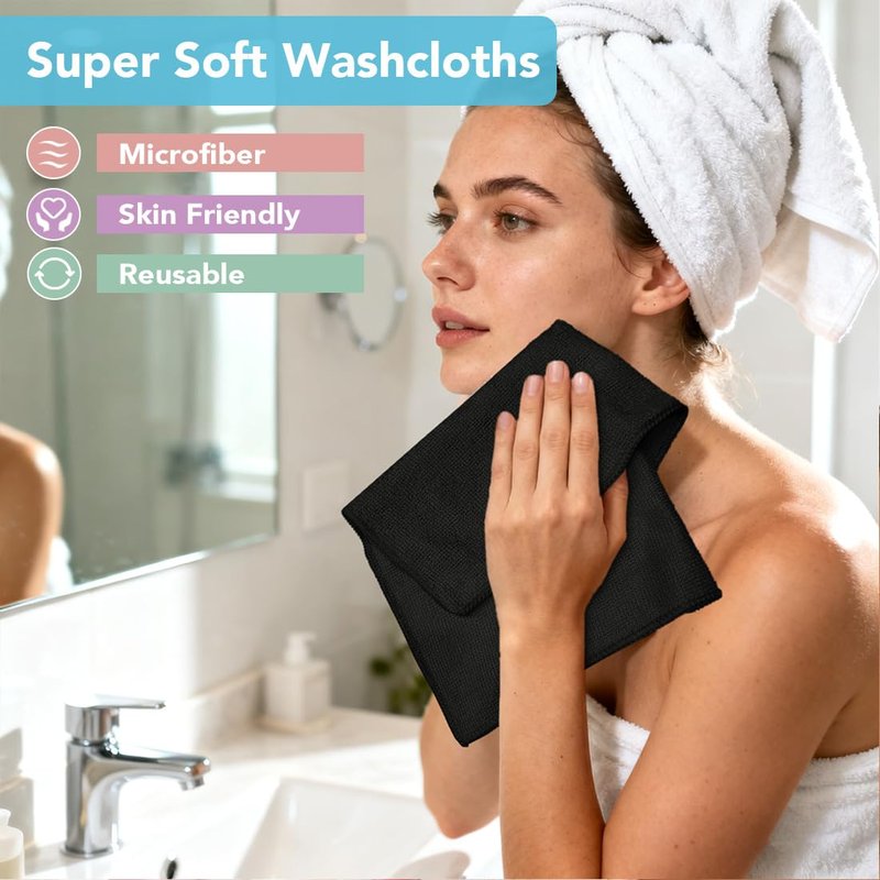 Orighty Microfiber Washcloths 20 Pack – Soft, Quick-Dry Face & Hand Towels for Travel, Gym, Spa, Hotel, 11.5"x11.5", Black