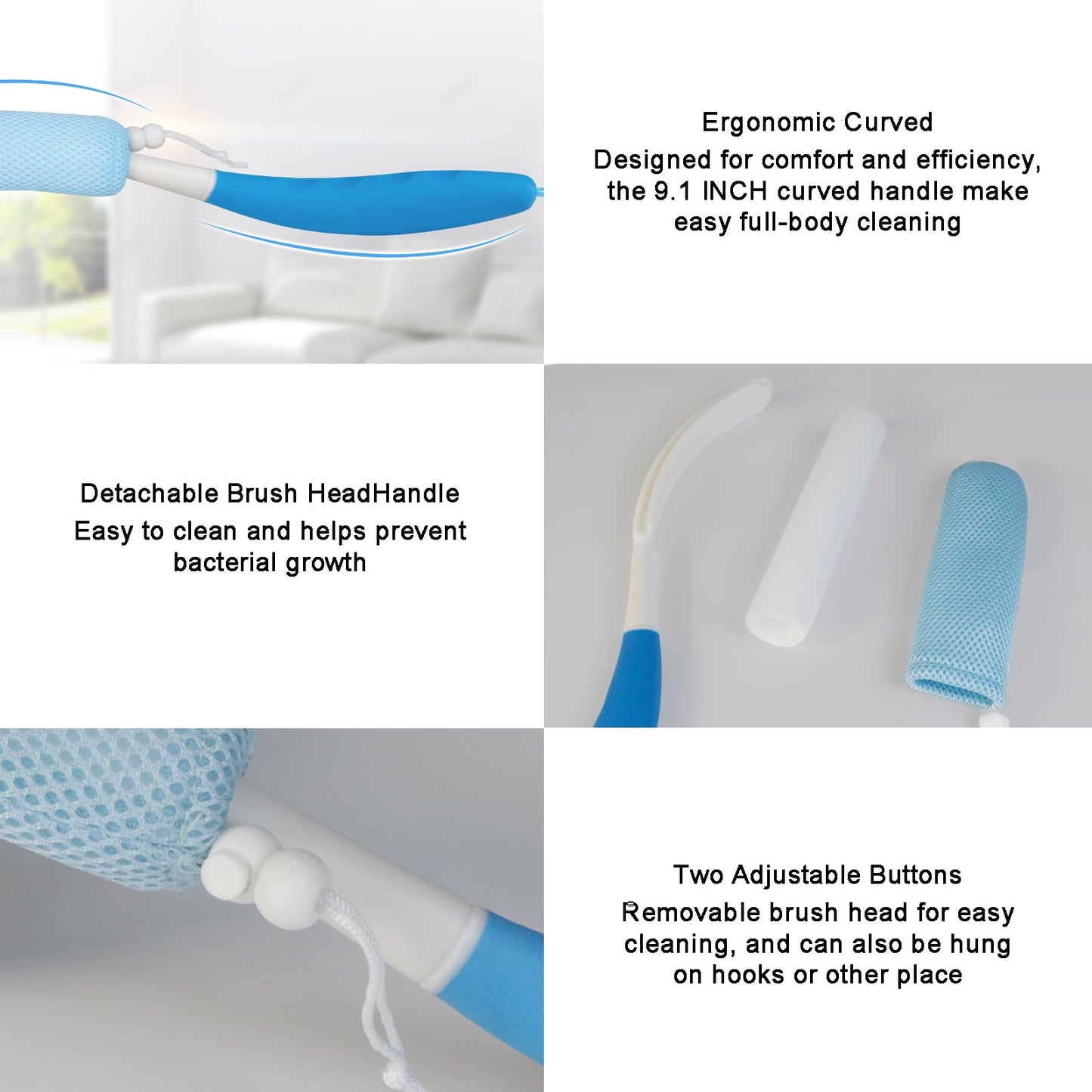 Back Scrubber for Shower, 15.35" Long Handle Shower Brush for Body, Back Brush for Shower for Men Women, Long Handled Bath Sponge for Deep Clean, Exfoliating, Anti-Slip Curve Handled Back Scrubber