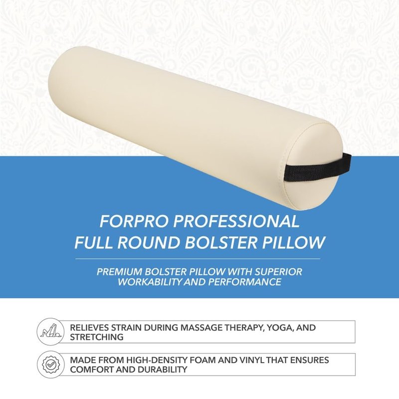 ForPro Full Round Bolster Pillow - Crème Oil and Stain-Resistant Massage and Yoga Support | 6” R x 26” L