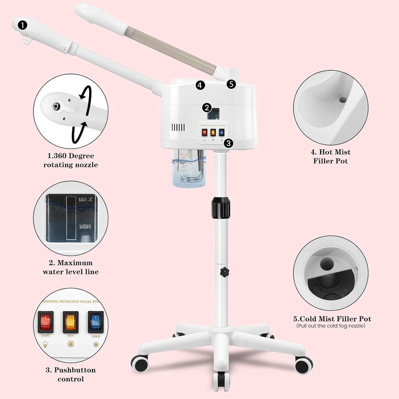Facial Steamer 2 in 1 - Professional Hot & Cold Mist with Timer | Adjustable Height for Spa & Home Use