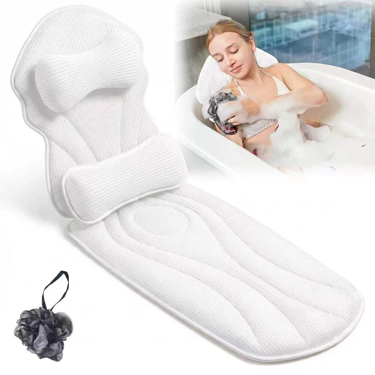 Full Body Bath Pillows for Tub Luxury Bathtub Pillow Cushion for Head,Shoulder,Back&Lumbar Support Thick Tub Pillow for Bathtub for Women Soft 5D Air Mesh Mat 12 Non-Slip Power Suction Cups (White)