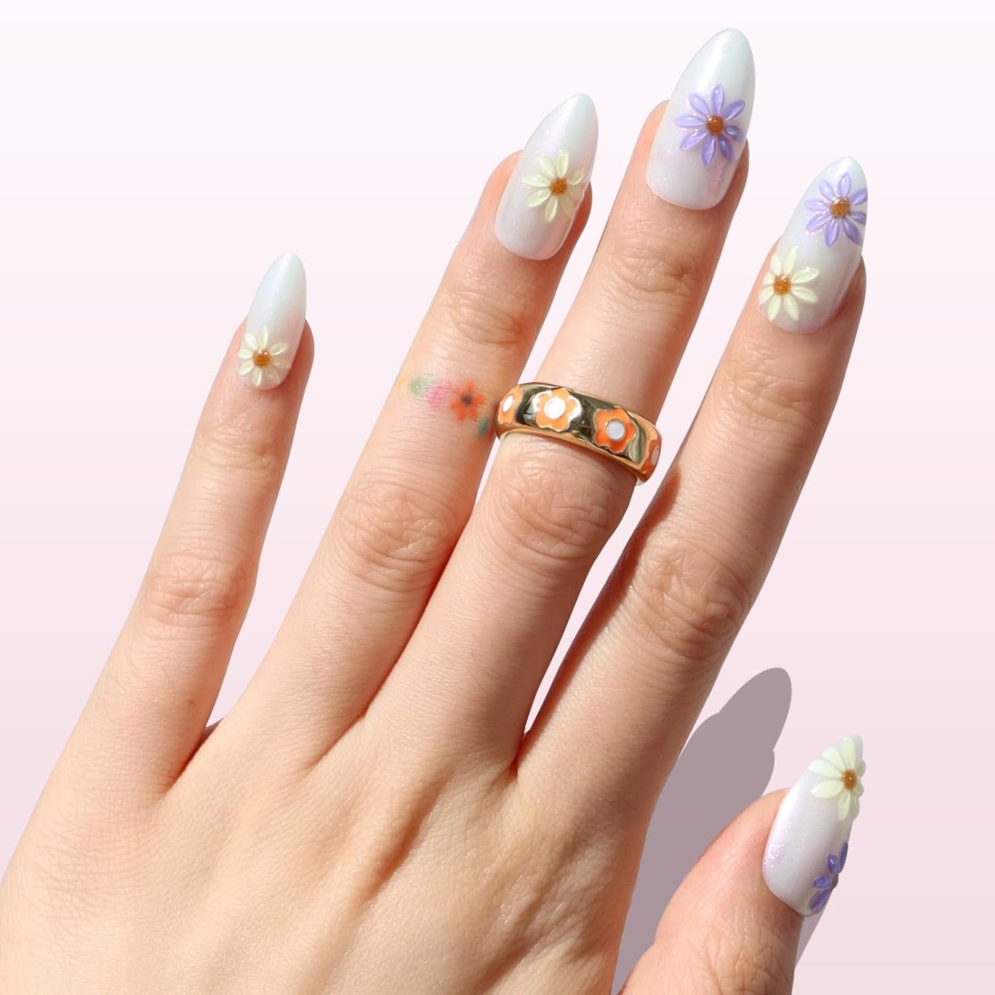 Skiennix Press On Nails - 3D Floral Lavender & Gold Shimmer | Medium Almond Shape, Reusable 30 Nail Kit in 15 Sizes