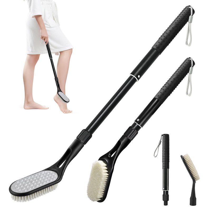 Long Handle Foot Scrubber for Shower, Extendable Foot Brush with Foot File 2 in 1 Dual Sided, Back Saving Foot Cleaner Brush for Cleaning Between Toes & Removing Calluses, Foot Care Tool for Seniors