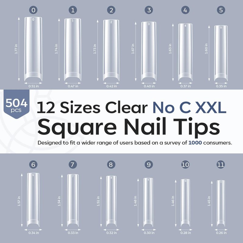 modelones Square Nail Tips, 504 Pcs Acrylic Fake Nails XXL Extra Long Straight No C Curve Half Cover Clear Tips Gel 12 Sizes with Box