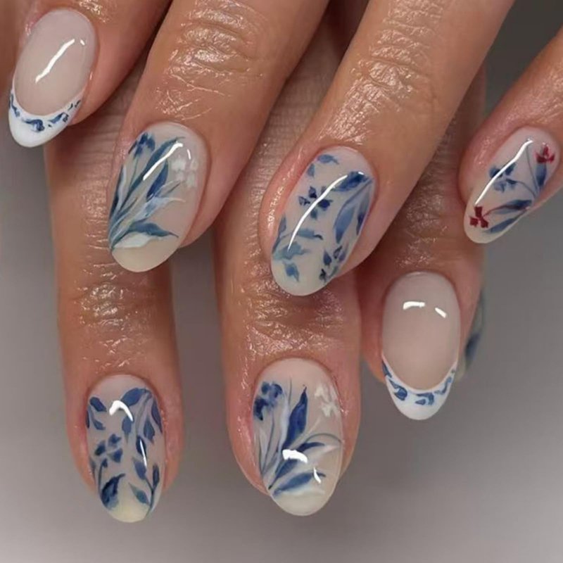 Red Press on Nails Flower Fake Nails Medium Almond Nail Press ons Red Ombre French Tip with Design Glossy Full Cover Glue on Nail for Women Manicure