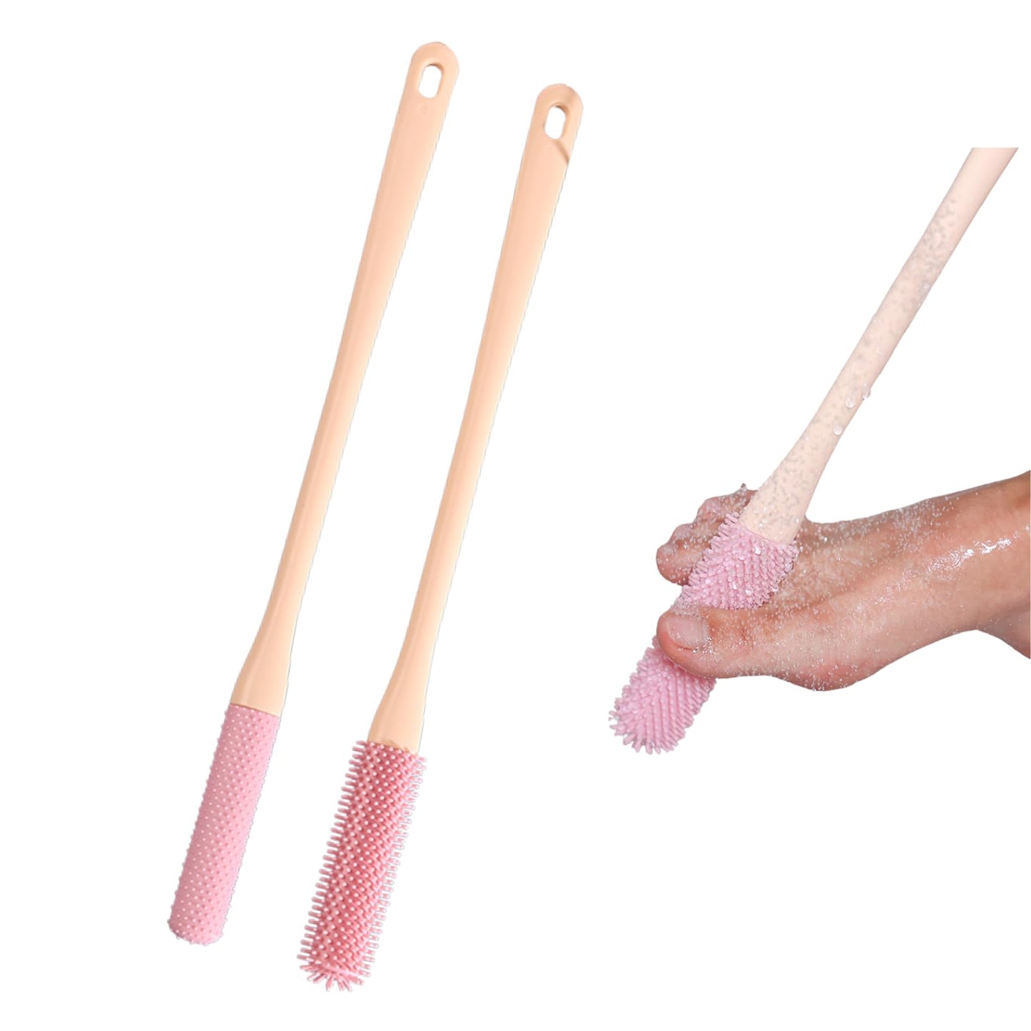 Nurlypop Toe Cleaning Brush with 15.7" Long Handle,Shower Foot Scrubber,No Bending, Ideal for Seniors, Expecting Mothers, Men & Women | Foot Scrubber & Anti-Itch Exfoliating Brush (2 Pack) (Pink)