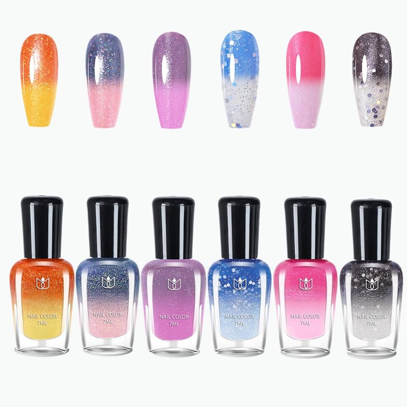 Rowcay 6 Pcs Color Changing Nail Polish Set, Classic Colors Quick Dry Nail Polish Kit 0.24 oz Finger Nail Color Pack Glossy Toenail Polish, Temperature Polish for Women and Girls