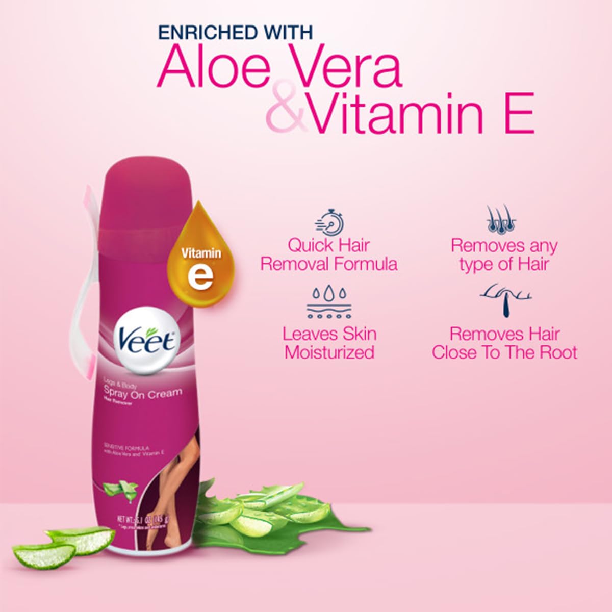 Hair Removal Cream – VEET Legs & Body 3 in 1 Spray On Hair Removal Cream, Sensitive Formula with Aloe Vera and Vitamin E, 5.1 oz Spray Can