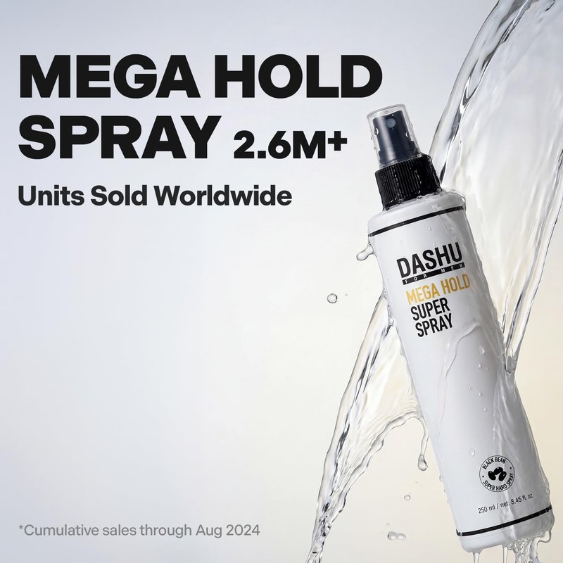 DASHU Mega Hold Super Hair Spray 8.45 fl oz – Ultra-Strong Fixation, Hairspray for Women & Men, Dryness Prevention, Natural Finish, Easy Wash-Out