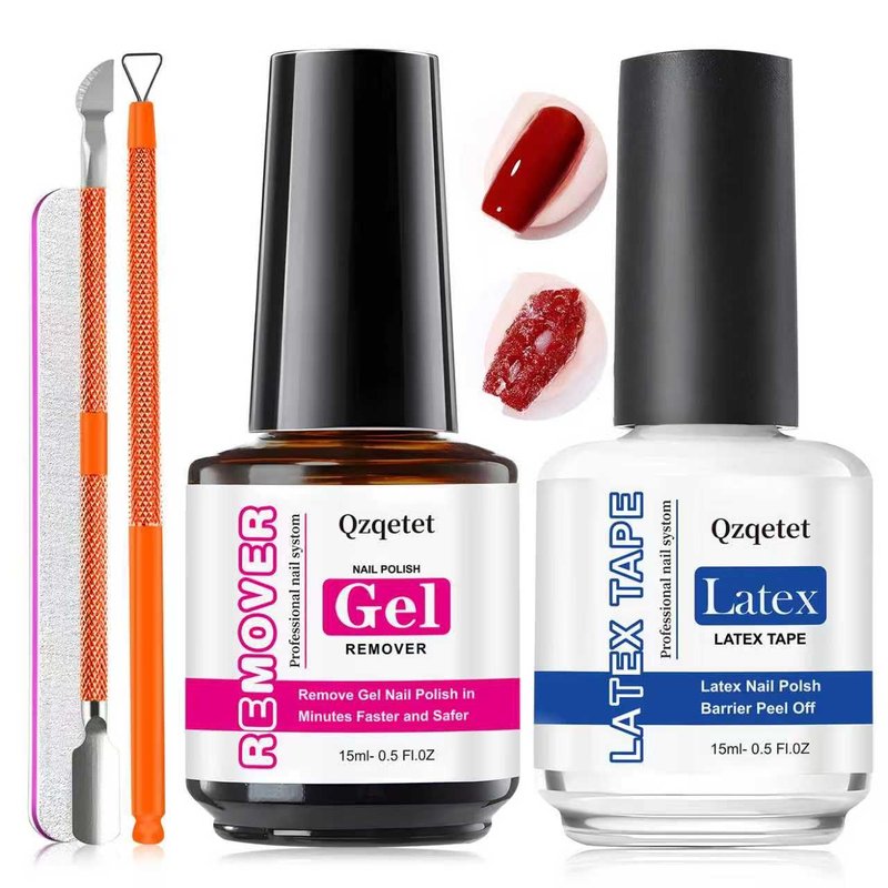 Qzqetet Gel Nail Polish Remover Kit - 15ML(0.5fl.oz) Fast Gel Remover with Latex Tape Peel Off Liquid and Manicure Tools, No Soaking or Wrapping Needed, Easy Removal for Gel Nails