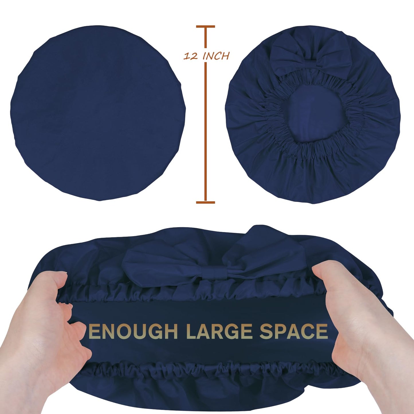 Shower Cap for Women, Cute Bow Waterproof Reusable Bath Cap, Non-Slip Anti Humidity, Roomy Anti-Frizz for Short Medium Wavy Hair, Soft Elastic & Machine Washable, Navy Blue