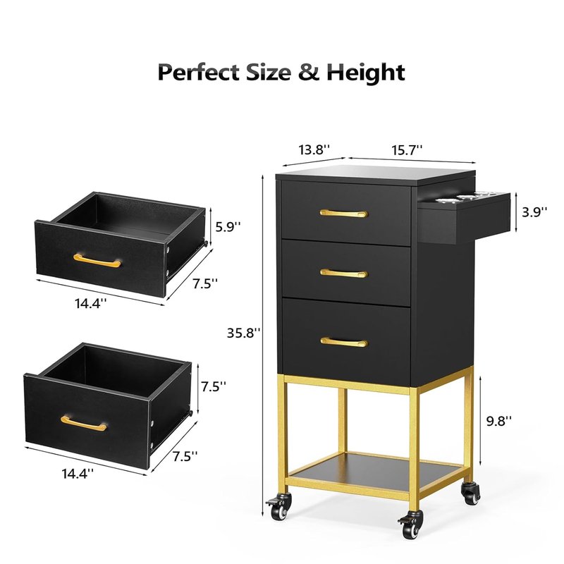 Beauty Salon Storage Trolley Cart - Wooden Hair Cabinet with Dryer Holder & Drawer | Black Hairdressing Organizer for Stylist