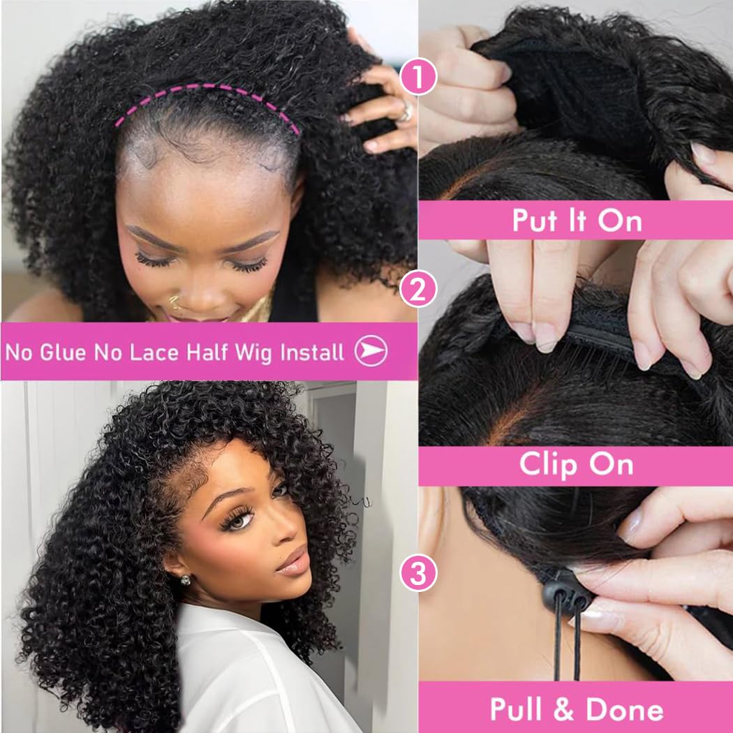 Virginess Kinky Curly Half Wig - 12 Inch Human Hair, Glueless & Beginner Friendly | Seamless Drawstring Design for Black Women