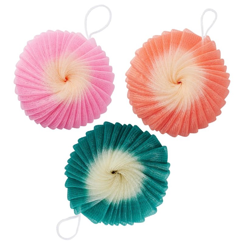 Éclat Mesh Bath Sponge Loofah Ball, Soft Exfoliating Body Scrubber for Wash, Rich-Lather Nylon Net Puff with Quick-Dry Hanging Loop, Gentle Daily Cleanser (Pink/Orange/Green, 3Pcs)