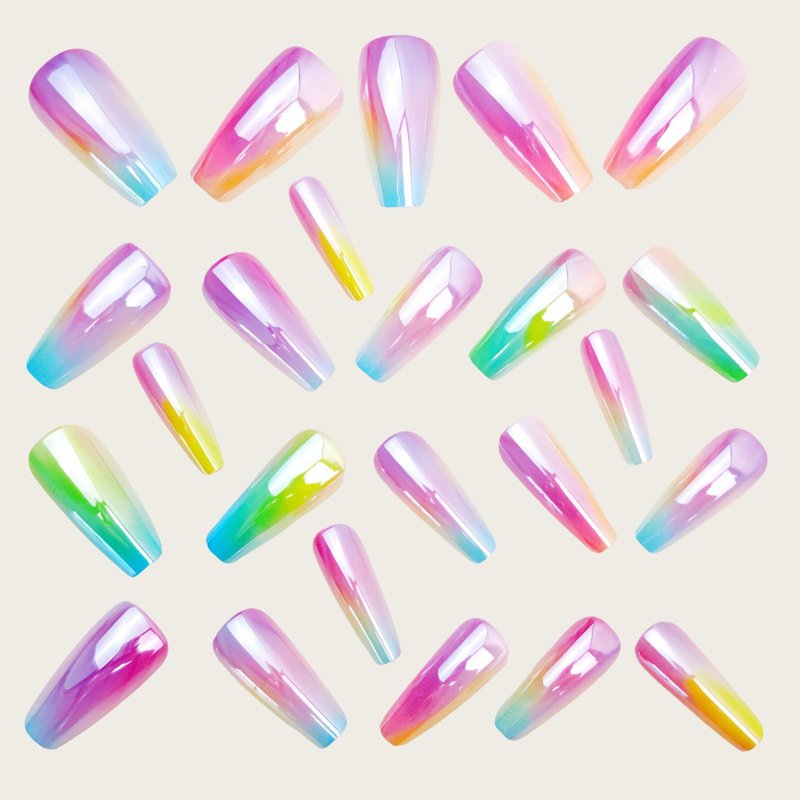 Laser Press on Nails Medium Coffin Fake Nails Rainbow Aurora Acrylic False Nails with Glossy Designs Colorful Gradient Full Cover Stick on Nail Reusable Glue on Nail for Women Girls 24Pcs