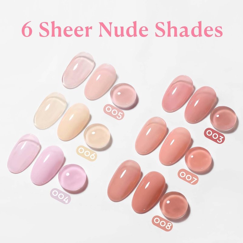 AZUREBEAUTY 10ml 6 Color Rubber Base Gel Polish with Top Coat Set, Builder Gel for Thin Weak Nails, Sheer Nude Pink Jelly Self-Leveling Apex Building Nail Strengthener, Long Lasting Soak Off UV LED