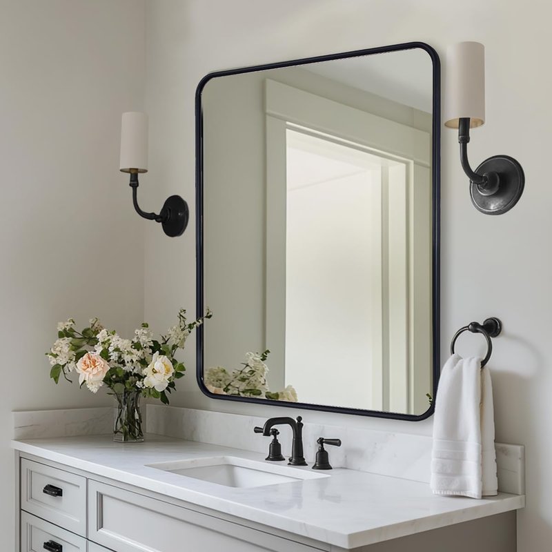 Black Bathroom Mirror - 30x36 Inch Rounded Rectangle Design | Modern Metal Frame for Vanity