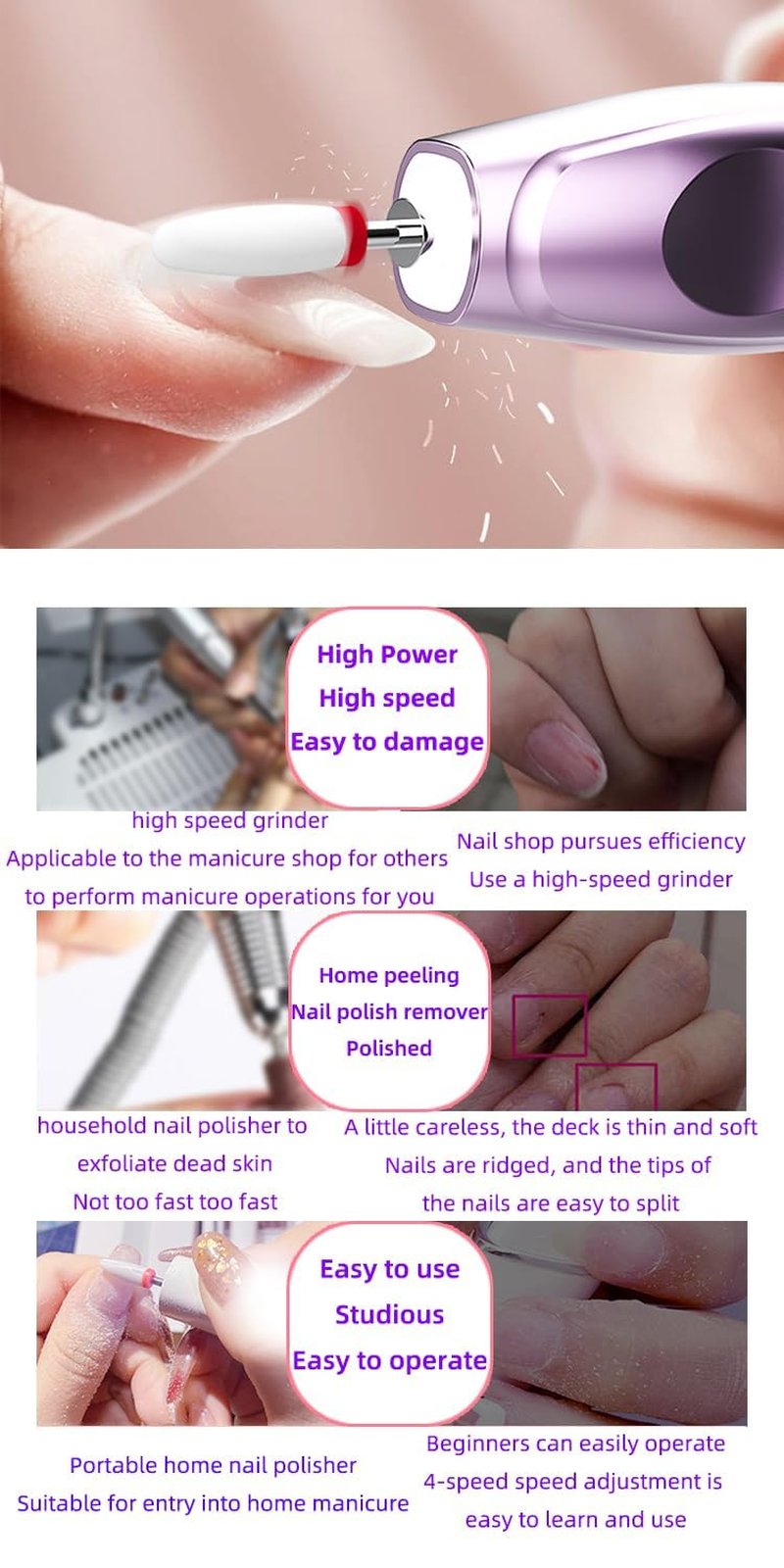 Electric Nail Drill, Electric Nail File Cordless, Electric Nail File Set, 4 Speeds Adjustable Hand Foot Care Manicure Pedicure Drill Tool,Gel Nail File Drill kit for Acrylic Gel Dip Powder Nails
