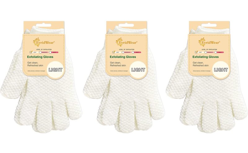 Evridwear Exfoliating Gloves for Shower, 100% Nylon Thick Soft Medium Heavy Bathing Gloves Dead Skin Remover Body Scrubber Smooth Skin with Hang Loop (White Gentle Exfoliation- 3 Pairs)