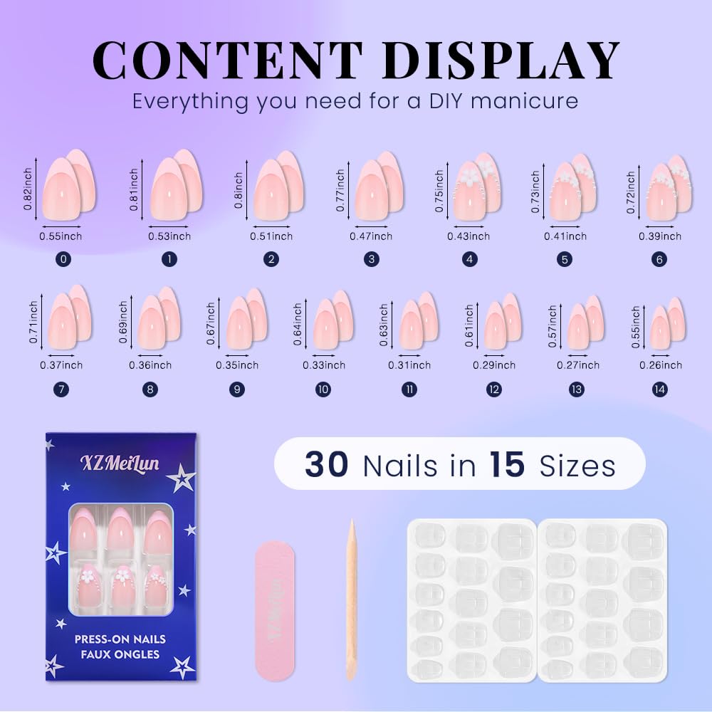 XZMeiLun Summer Pink French Tip Press On Nails, Short Almond Shape with 3D Pearl & White Flower Design, Reusable Salon-Quality Acrylic Fake Nails, Stick-On Nails for Women & Girls (No Glue Included)