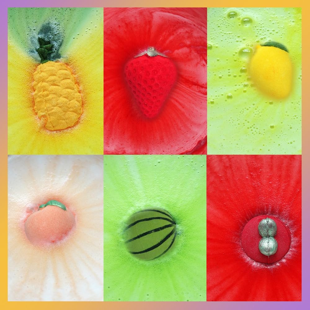 KAV Fruit Family Bath Bomb Set - 6Pcs Fruit Shaped Organic Bath Bombs for Kids, All Natural Scented Bubble Bath Bombs, Skin Safe & Non-Toxic bathbombs, Self Care Girlfriend Gifts for Spa Day