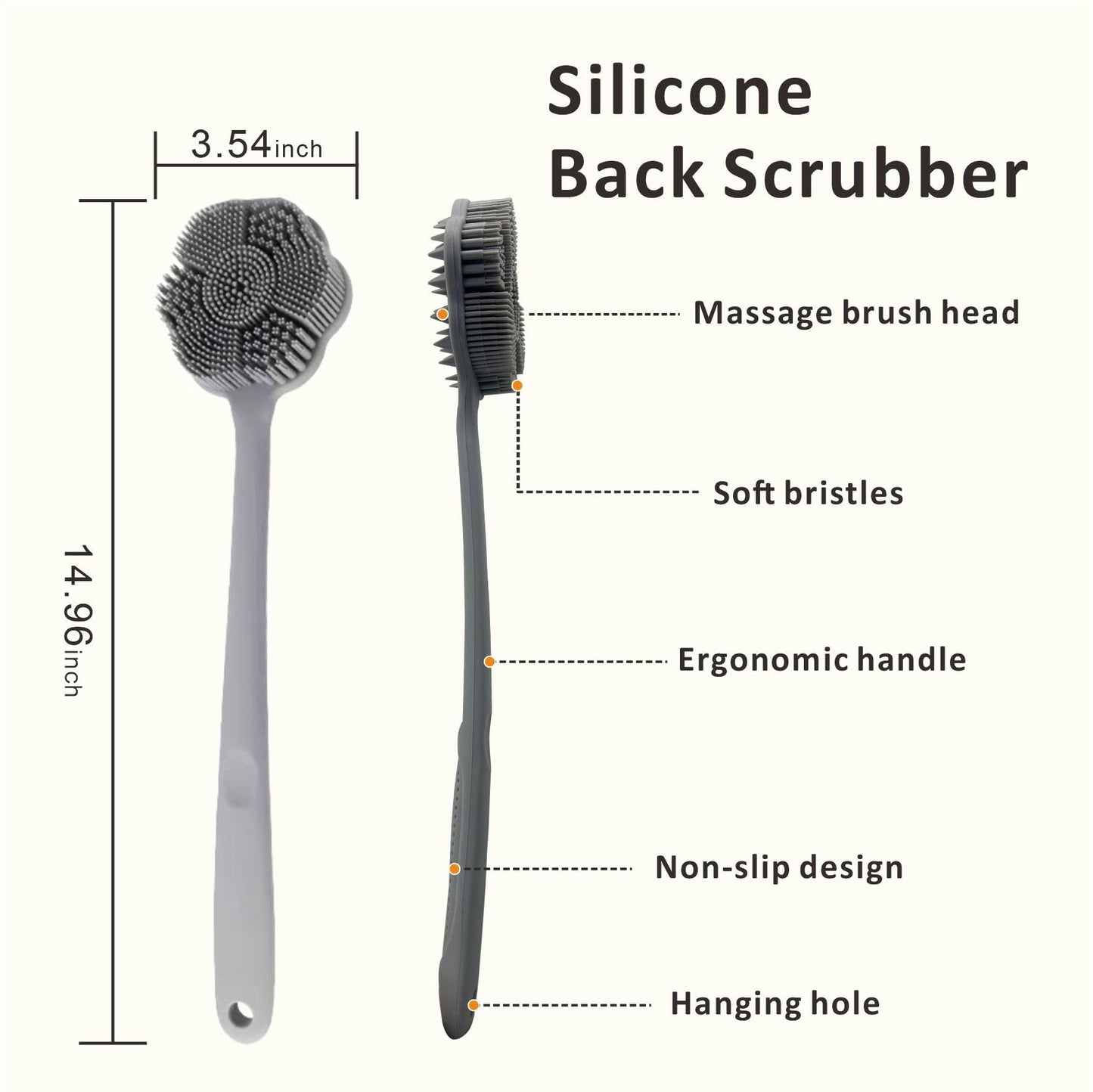 Back Body Scrubber & Face Scrubber for Shower - 15 Inch Long Handle Double Sided Silicone Body Brush for Exfoliation & Massage, Soft Facial Cleansing Brush, Rich Lathering for Deep Cleansing (Gray)