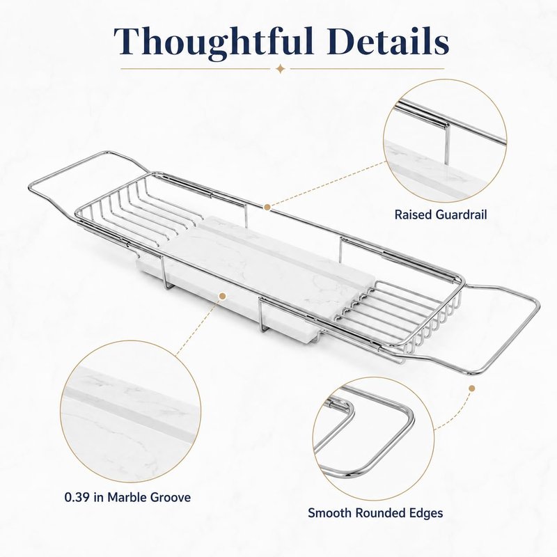 Expandable Bathtub Tray, Stainless Steel Bath Table Tray with Marble Board, Modern Luxury Bathtub Shelf for Bathrooms, Kitchen Sink (Silver+White)
