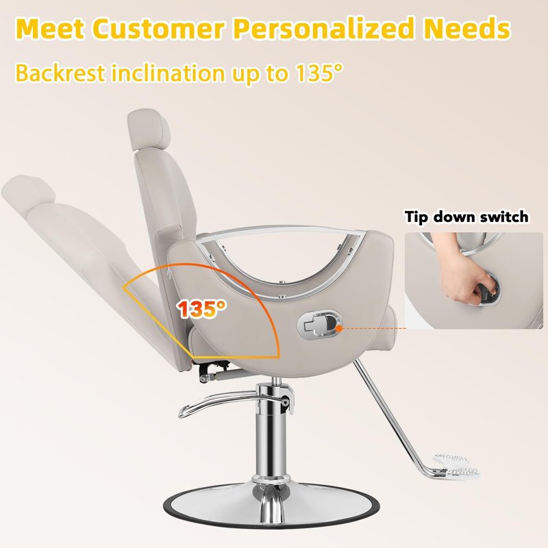 Reclining Salon Barber Chair - Heavy Duty Hydraulic Pump | 360° Swivel Styling Chair in Light Gray Silver