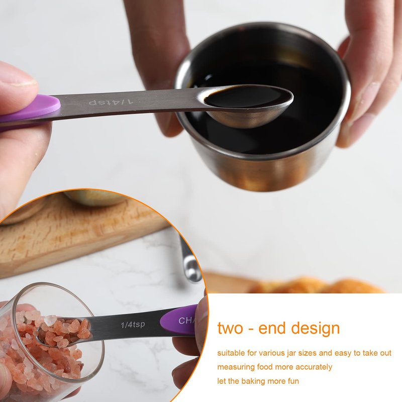 Magnetic Measuring Spoons Set of 8 Dual Sided Stainless Steel Measuring Spoons Long Handle Stackable Teaspoon Tablespoon for Measuring Dry and Liquid Ingredients