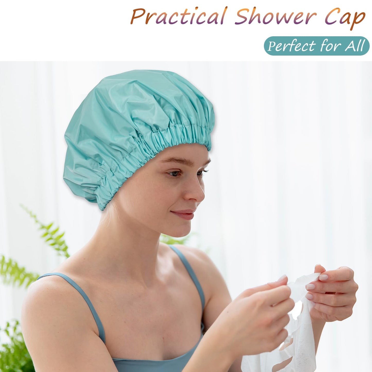 TUVATU Reusable Shower Cap for Women – Large Waterproof Satin Shower Bonnet for Long, Curly & Braided Hair, Washable Bath Hair Cover, Aqua