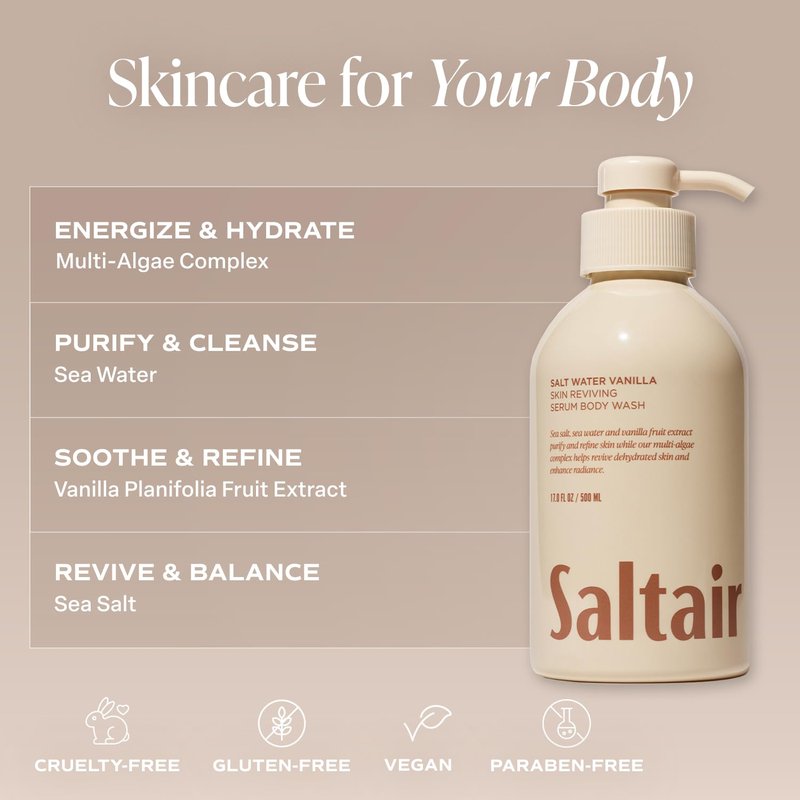 Saltair Body Wash 2-Pack – Salt Water Vanilla – Moisturizing Body Wash with Multi-Algae Complex – Scented Shower Gel for Women and Men – 2x 17oz – Vegan, Cruelty-Free, Paraben-Free