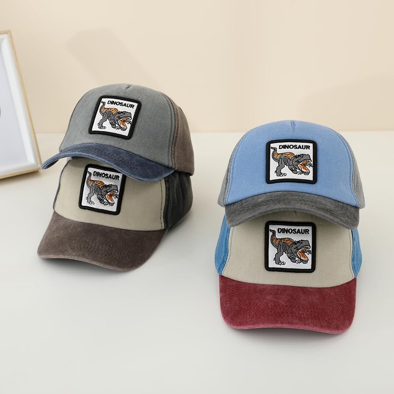 Kids Red Dinosaur Cap Toddler Boy Gifts Adjustable Embroidered Sun Hat Baseball Denim Hat Outdoor Play Size 2-8 Years