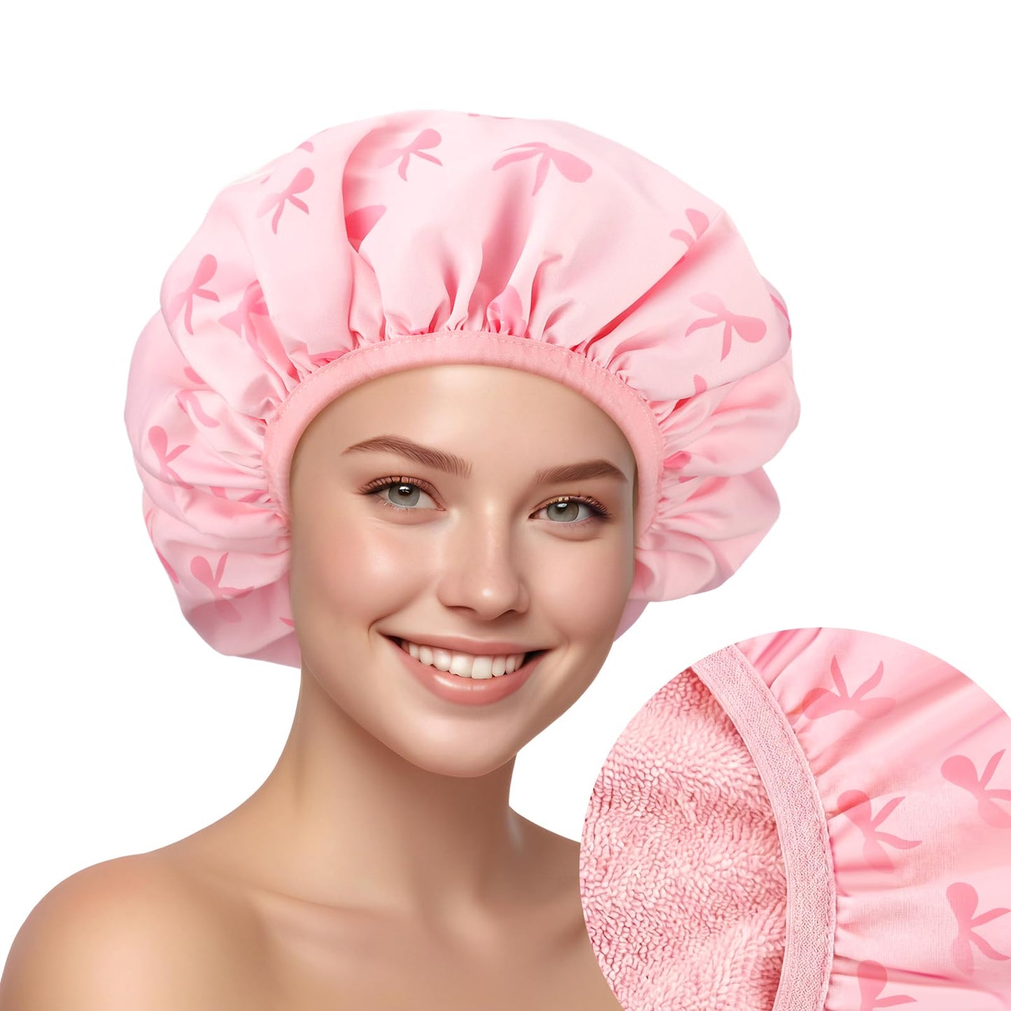 Janmercy Pink Bow Shower Cap for Women Extra Large Terry Lined Shower Cap Reusable Waterproof Double Layer Large Bath Hair Bonnet Washable Quick Dry for Braids Long Straight Curly Hair Women Gifts