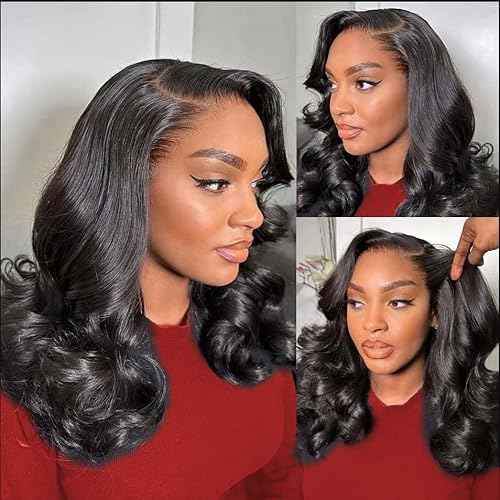 Bob Wig Human Hair 13x4 Lace Front Wigs Human Hair Pre Plucked 200% Density Short Body Wave Bob Wig Natural Color Glueless Bob Wigs for Black Women 14 Inch