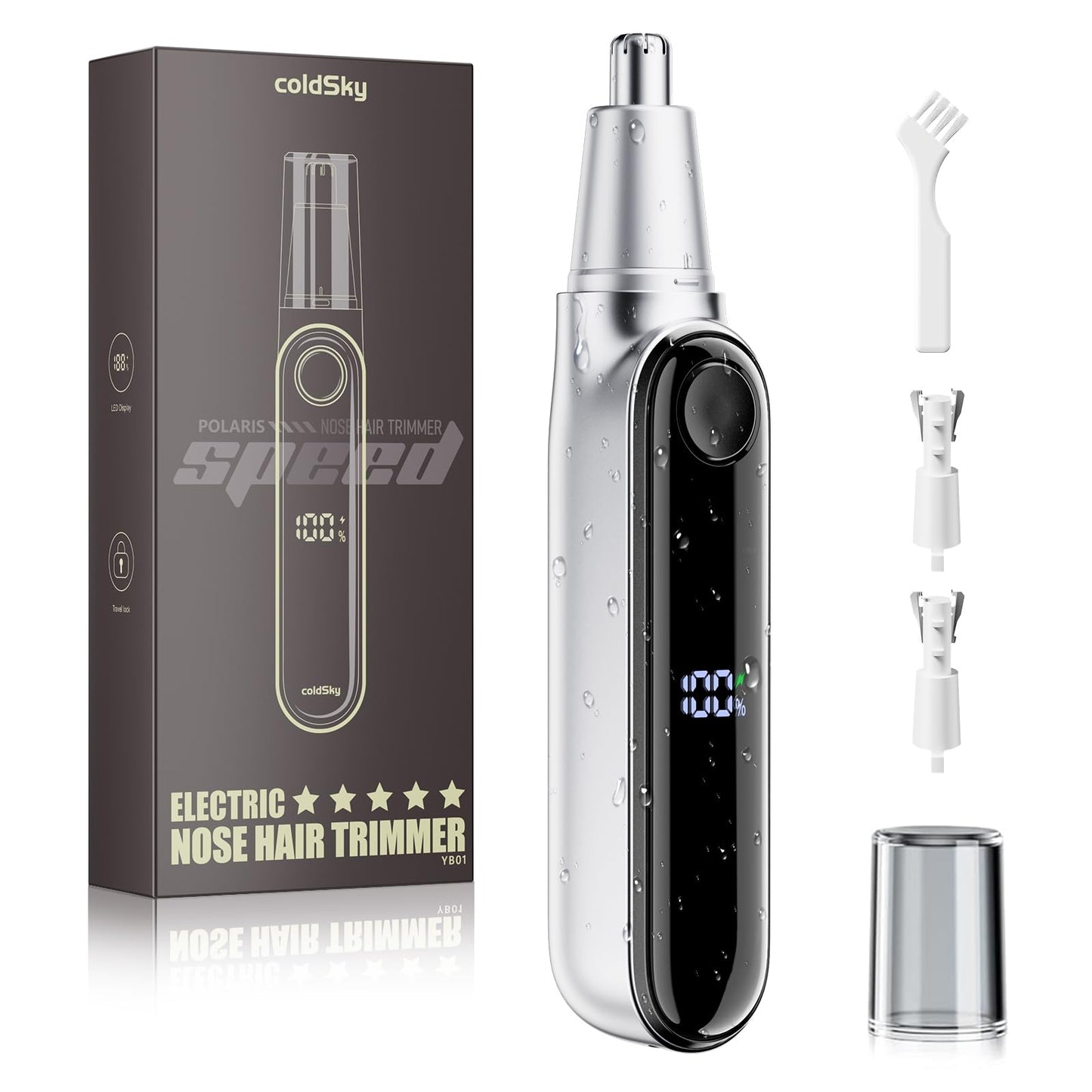 coldSky Ear & Nose Hair Trimmer with LED Display for Men Women - Professional Painless Eyebrow & Facial & Nose Hair Trimmer, USB Rechargeable, Dual-Edge Blades for Smoother Cutting Sliver