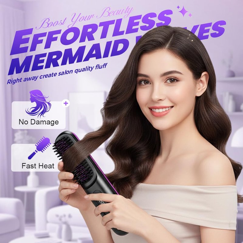 Go Brush Pro for Short Hair - 2026 Upgraded Cordless Straightening Brush with Fast Heat, 3 Temperature Settings, Ionic & Ceramic Care, 2000mAh USB-C Rechargeable for Frizz-Free Styling (Blue)