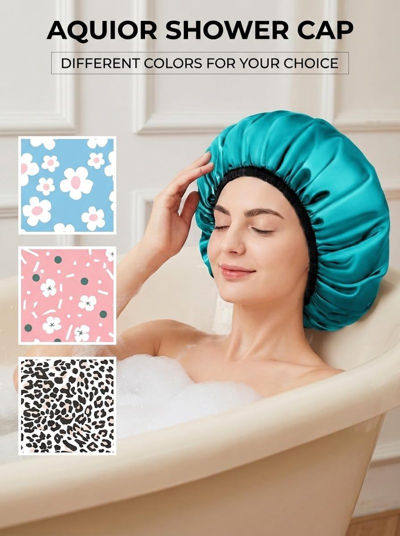 Aquior Shower Cap,Extra Large Triple Layer Bathing Cap with Dry Hair Function for Women Microfiber Terry Cloth Silky Satin 100% Waterproof Reusable Long Hair Bath Caps (Green)
