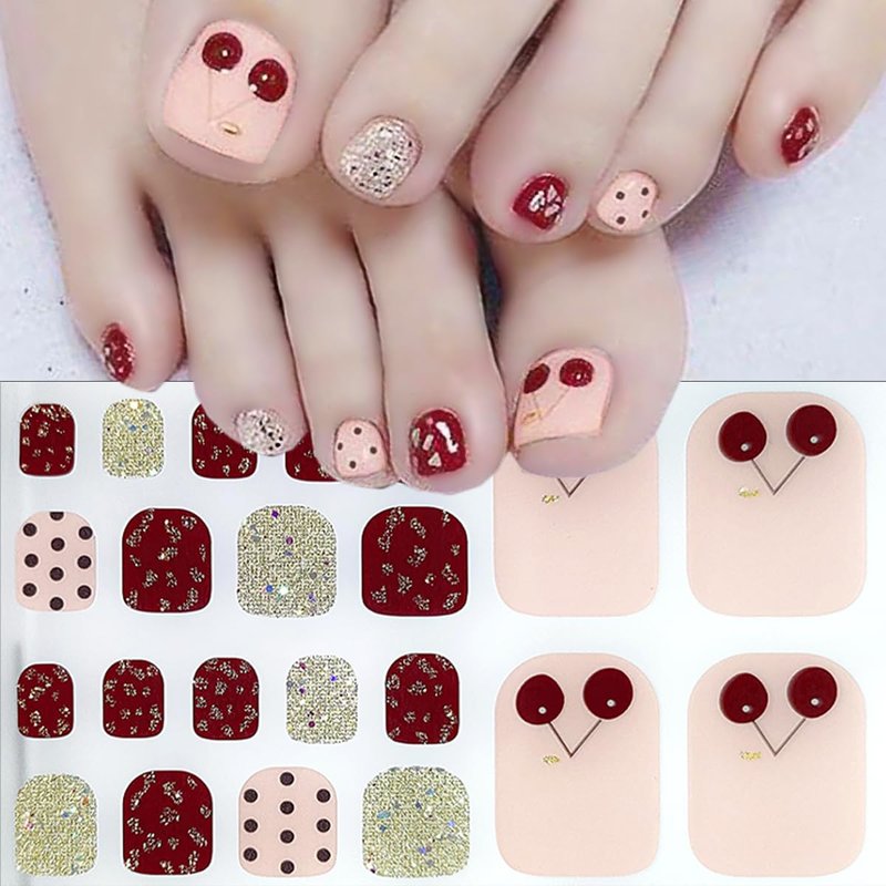 4 Sheets Spring Floral Gel Toe Nail Stickers Full Nail Wraps Summer Cherry Toenail Polish Strips for Women Self-Adhesive Toe Stickers Polish Gel Toenails Stickers with 1pcs Nail File