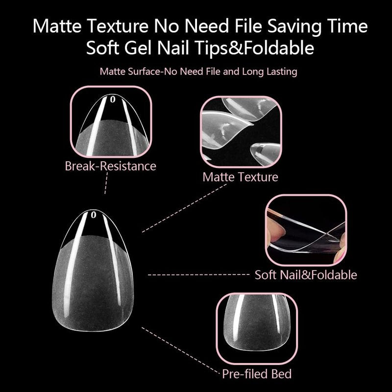 PrettyYo Short Almond Gel Nail Tips 600Pcs Half Matted Clear Fake Nail Tips Short Almond Shape 12 Sizes Full Cover Acrylic Press On Soft False Nails Gel x Nail Press Ons for DIY at Home