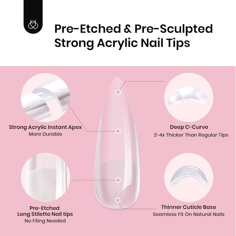 Beetles Nail Tips - Long Stiletto Apex Tips, 512pcs, No Builder Gel Required | 16 Sizes (00–14)