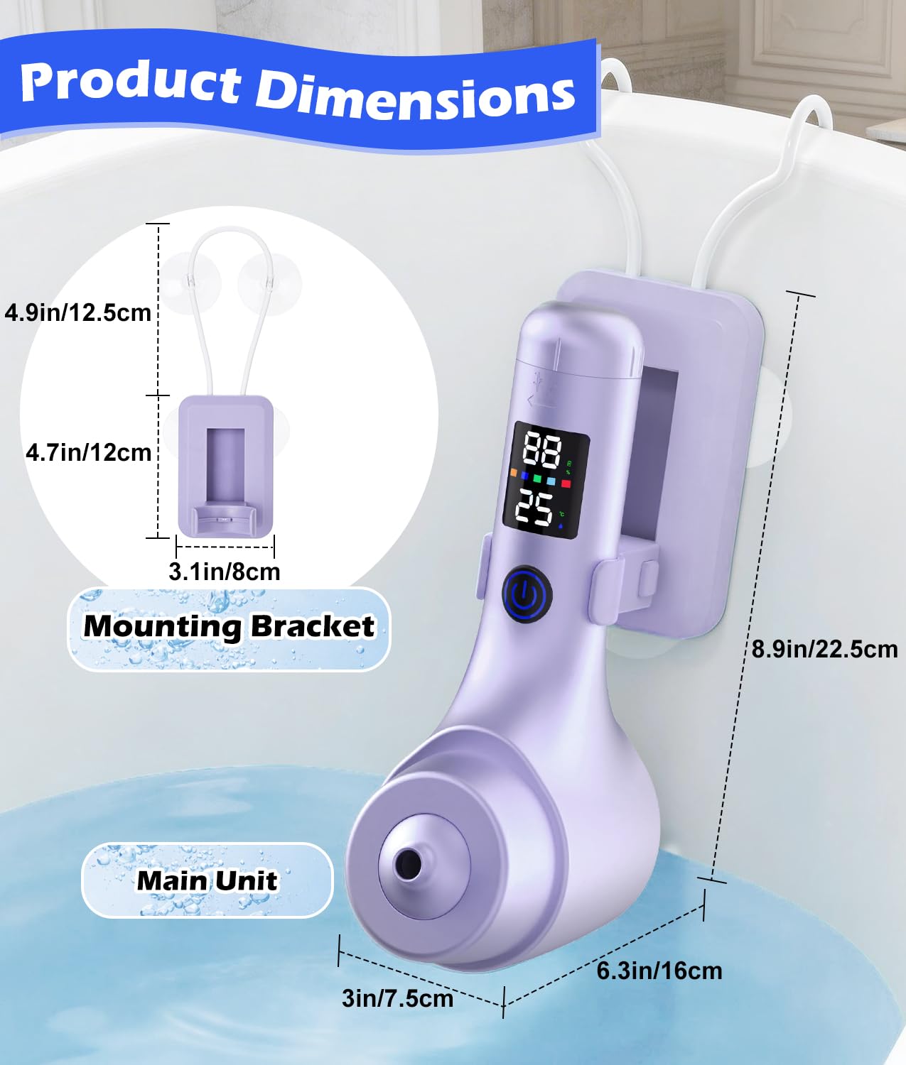 Bath Jet Spa for Tub, 10400mAh Rechargeable Bathtub Jet with Smart Temperature Sensor & LED Display, Portable Jet Spa with Bubble/Jet Mode & Adjustable Speed, IPX8 Waterproof for Daily Home Spa