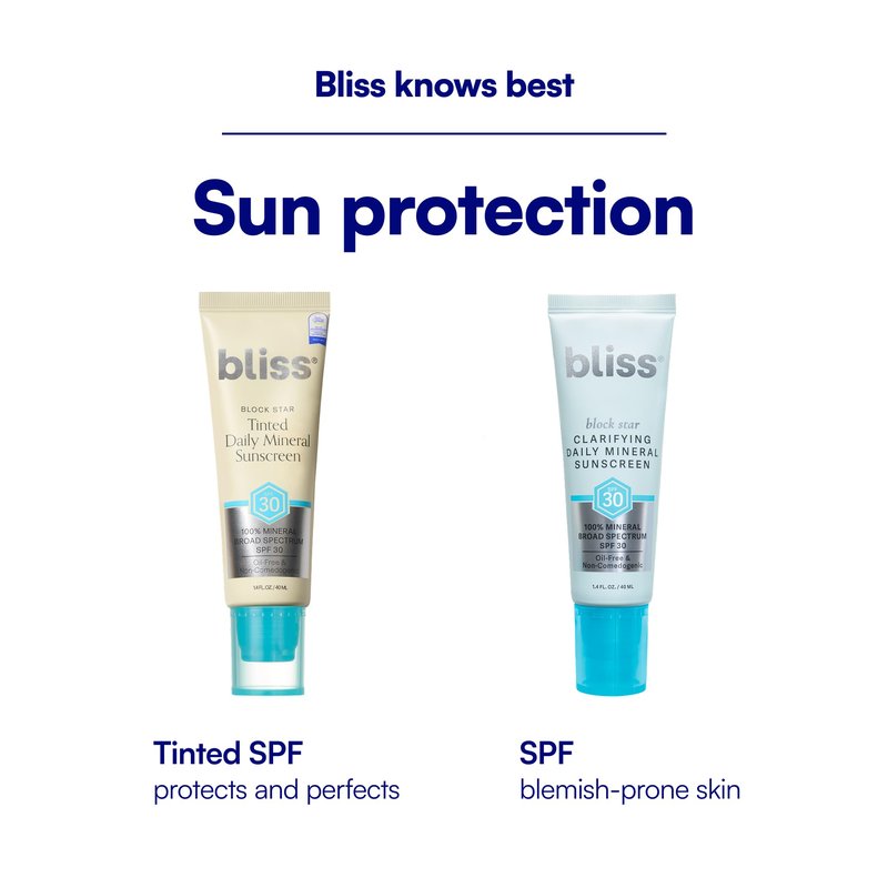Bliss Block Star SPF 30 Daily Tinted Mineral Sunscreen with Zinc Oxide - All Skin Tones - 100% Mineral Broad Spectrum Sunscreen with Titanium Dioxide & Antioxidant Blend- 1.4 fl oz.