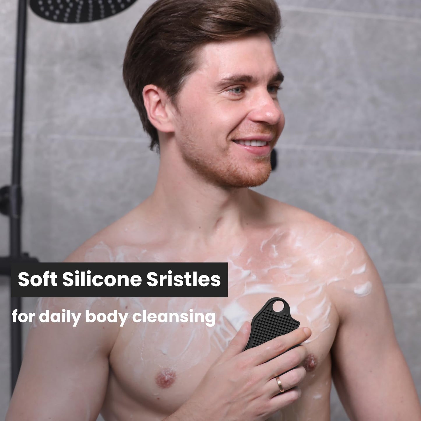 iTokGok Silicone Body Scrubber Silver-Infused Dual-Sided 3-in-1 for Shower, Body Cleaning+Massage+Exfoliator Body Brush Buffer for Men and Women, Silicone Loofah, Non-Slip Handle (Black)