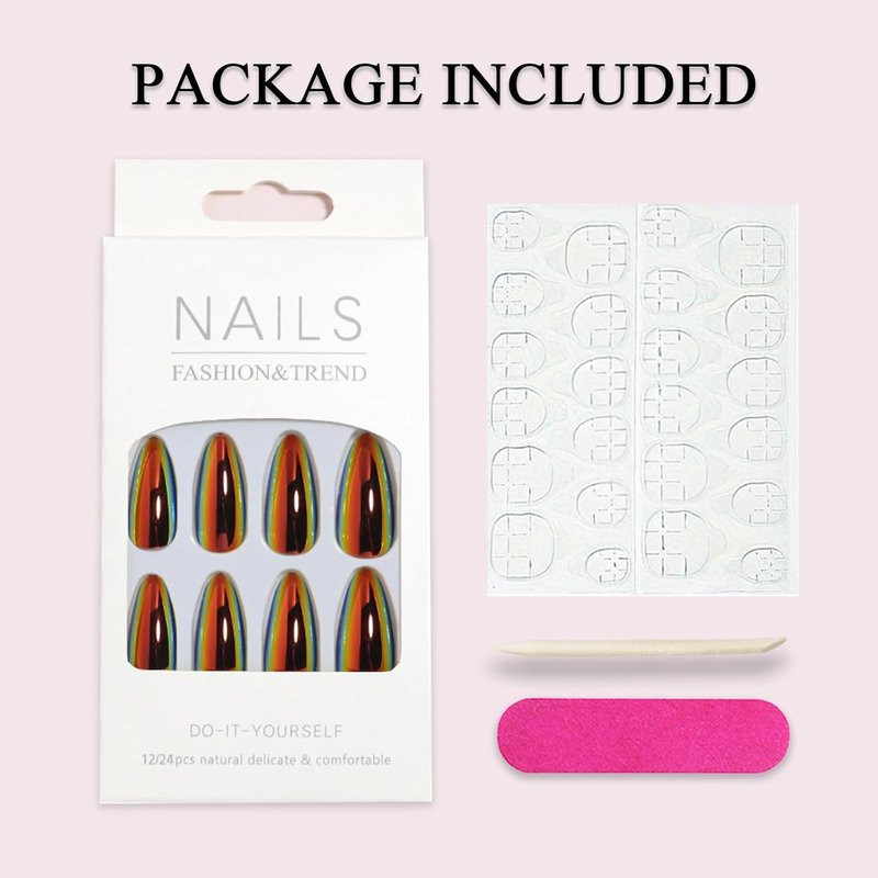 Skiennix 24Pcs Chrome Press-On Nails - Medium Almond Black Aurora Glossy Full Cover Nail Tips