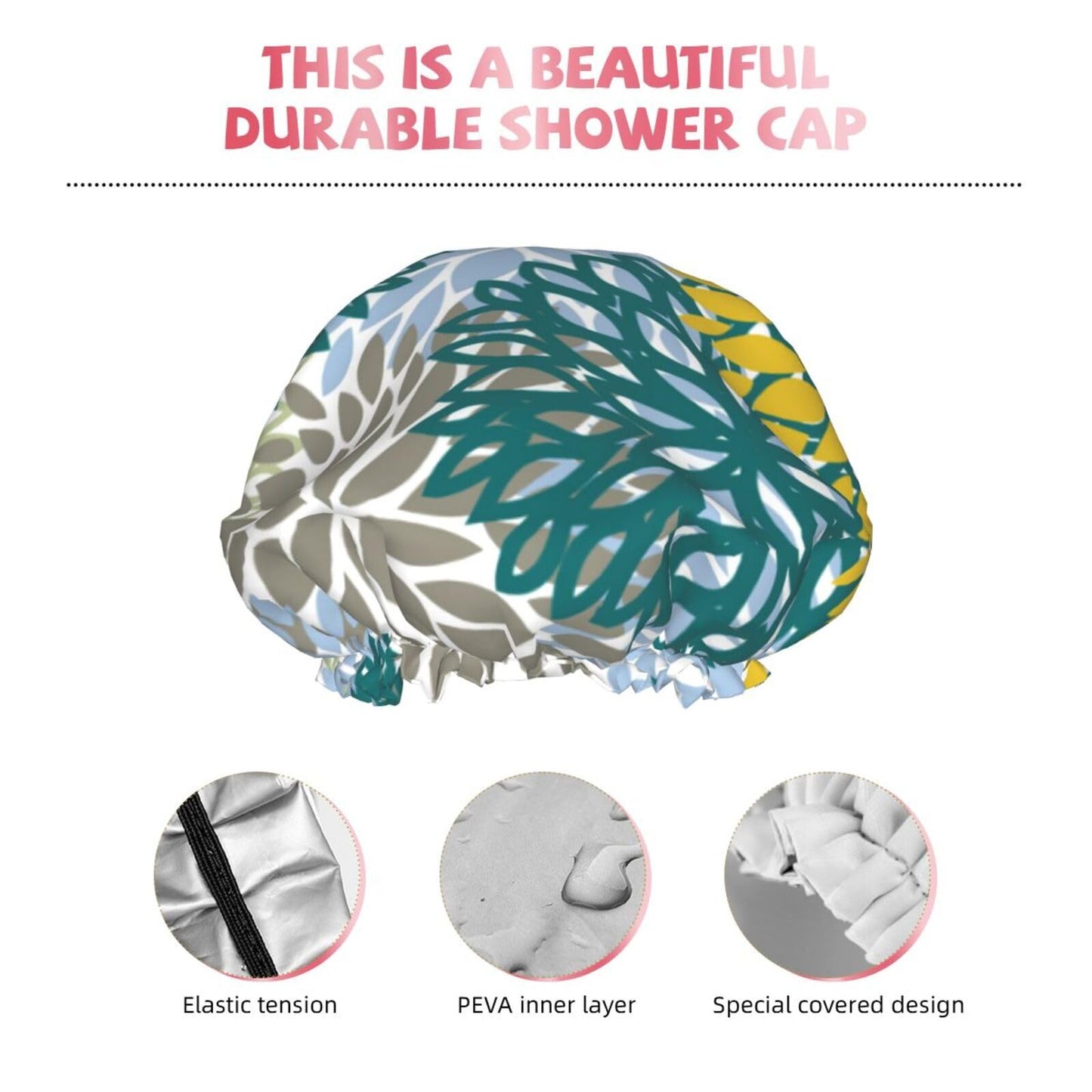 Art Flower Print Shower Cap for Women Double Layer Waterproof Reusable Shower Caps Adjustable Elastic Band Quick Drying Bath Hair Hat Protector with PEVA Lined for Spa Salon Bathing Hats