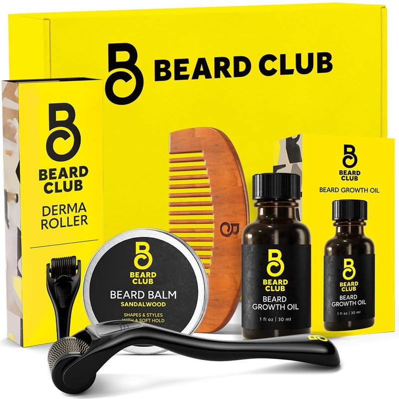 Beard Growth Kit - Derma Roller & Oil, Sandalwood Balm | Grooming Gift Set