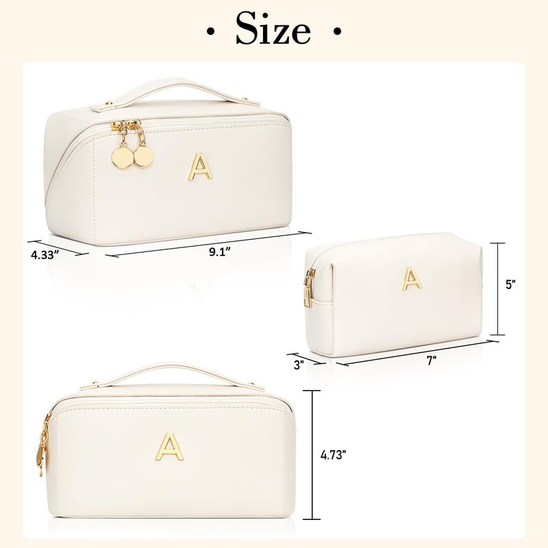 CLOUDWINGS Birthday Gifts for Women Teen Girl, Personalized Initial Makeup Organizer Bag Set, Open Flat Travel Cosmetic Bag With Clear Divider and Handle(Beige,A)