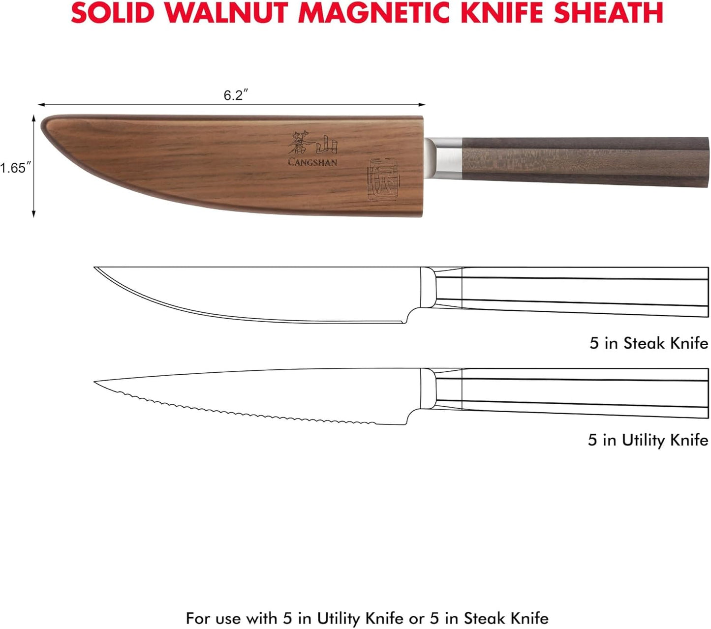 Walnut Magnetic Knife Sheaths - Saya Style Blade Protection for 5-Inch Knives