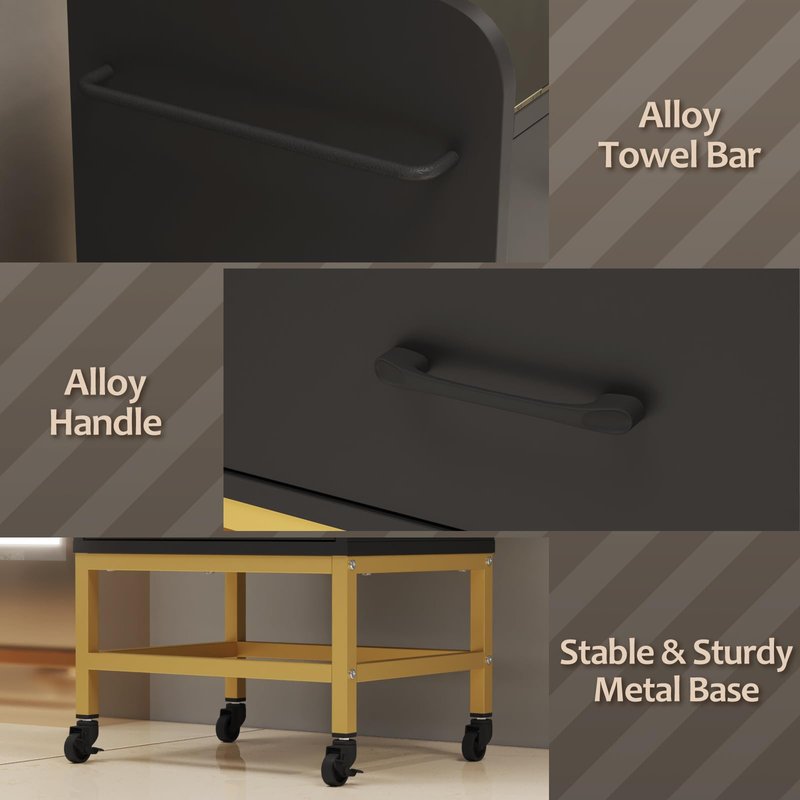 Kikihuose Salon Trolley Cart with Toughened Glass Top, 4 Wheels (2 Lockable) Rolling Barber Station w/Wheels, Drawers, Hair Dryer Holders, Towel Rack, Salon Storage Equipment for Hair Stylist, Black