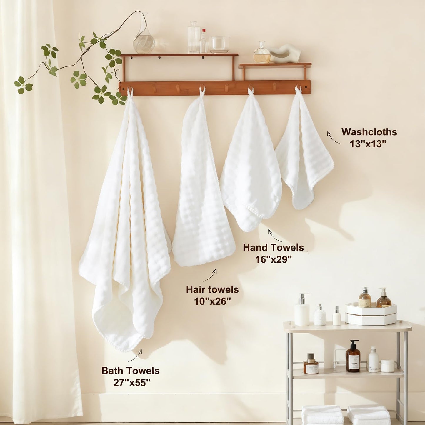 COZYART Lint Free Towel Sets 8 Pcs White, Super Soft, Thick Absorbent & Quick Dry Microfiber 3D Bubble Bathroom Daily Use Set with 2 Bath Towels, 2 Hair Towels, 2 Hand Towels, 2 Washcloths